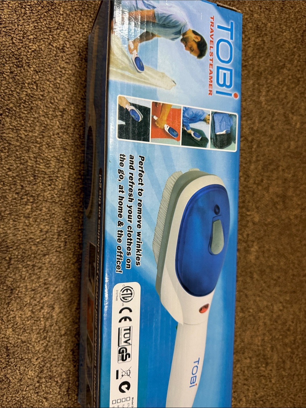 Tobi Handheld Travel Steamer in White and Blue